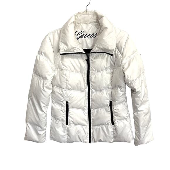 Guess Women's Standard White Puffer Jacket M Black Accents Winter Casual - Picture 1 of 13